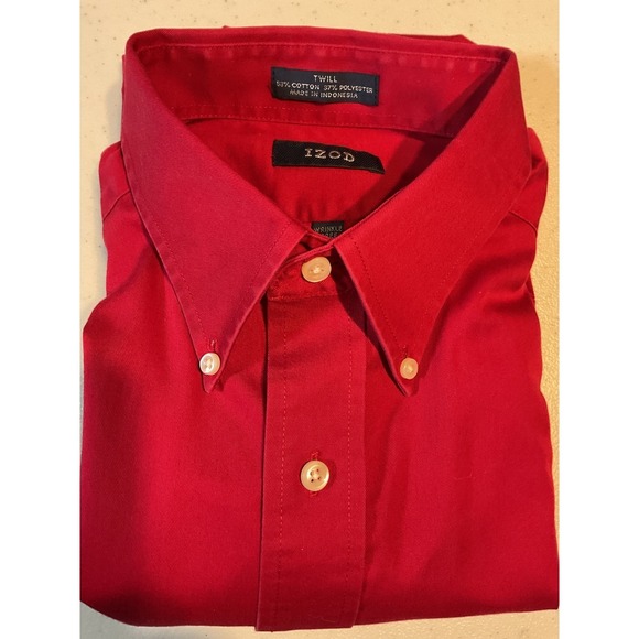 IZOD Mens Red Twill Button Down Shirt Wrinkle Free Large 16 32/33 Long Sleeve - Picture 7 of 7